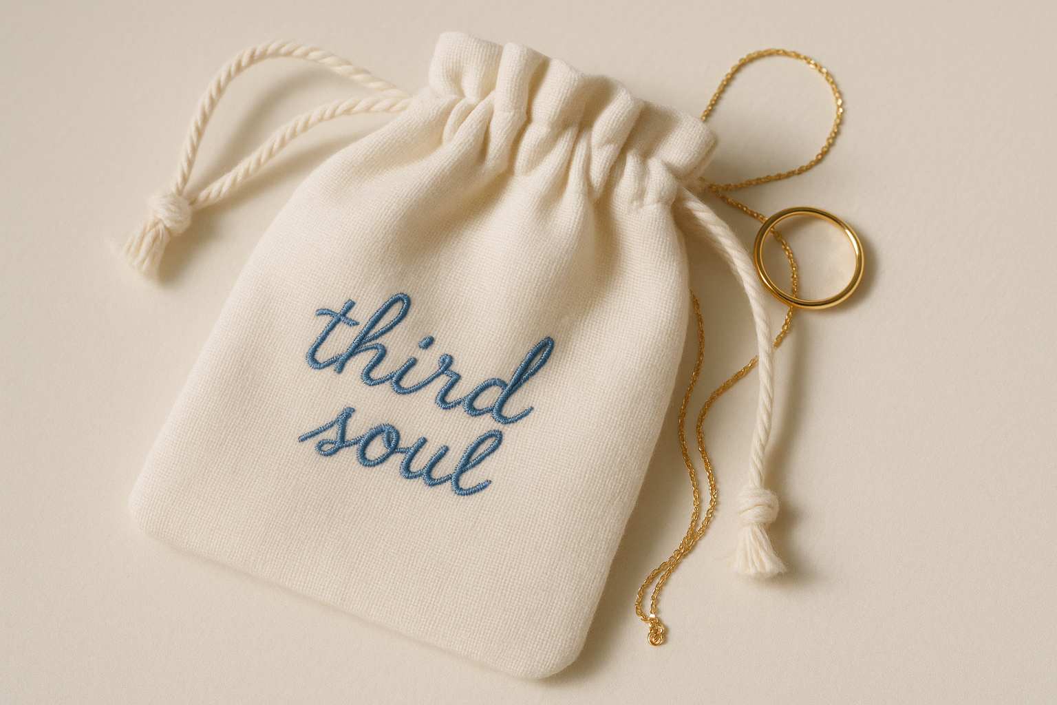 imagen de una bolsita de tela color blanco roto que tenga bordado el nombre de third soul en cursiva bonita de color azul no muy grande . y que dentro salga un collar y un anillo dorado